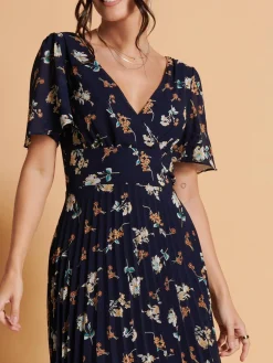 Angel Sleeve Pleated Chiffon Maxi Dress, Navy Floral