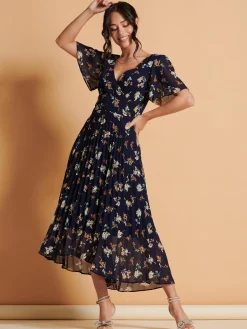 Angel Sleeve Pleated Chiffon Maxi Dress, Navy Floral
