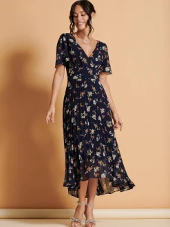 Angel Sleeve Pleated Chiffon Maxi Dress, Navy Floral