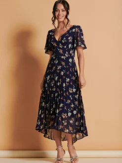 Angel Sleeve Pleated Chiffon Maxi Dress, Navy Floral