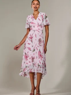 Angel Sleeve Pleated Chiffon Maxi Dress, Pink Floral