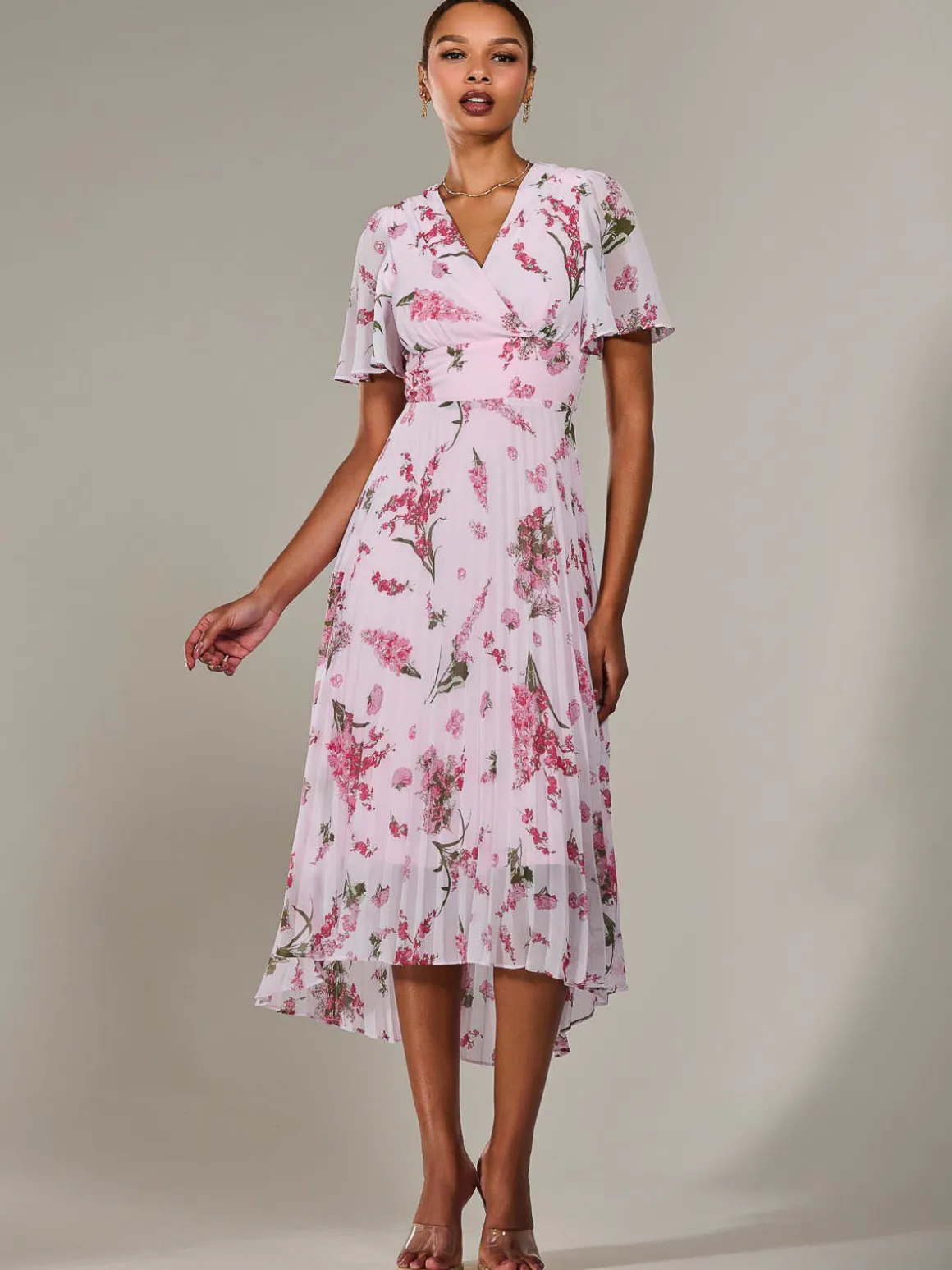 Angel Sleeve Pleated Chiffon Maxi Dress, Pink Floral