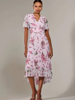 Angel Sleeve Pleated Chiffon Maxi Dress, Pink Floral