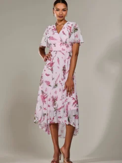 Angel Sleeve Pleated Chiffon Maxi Dress, Pink Floral