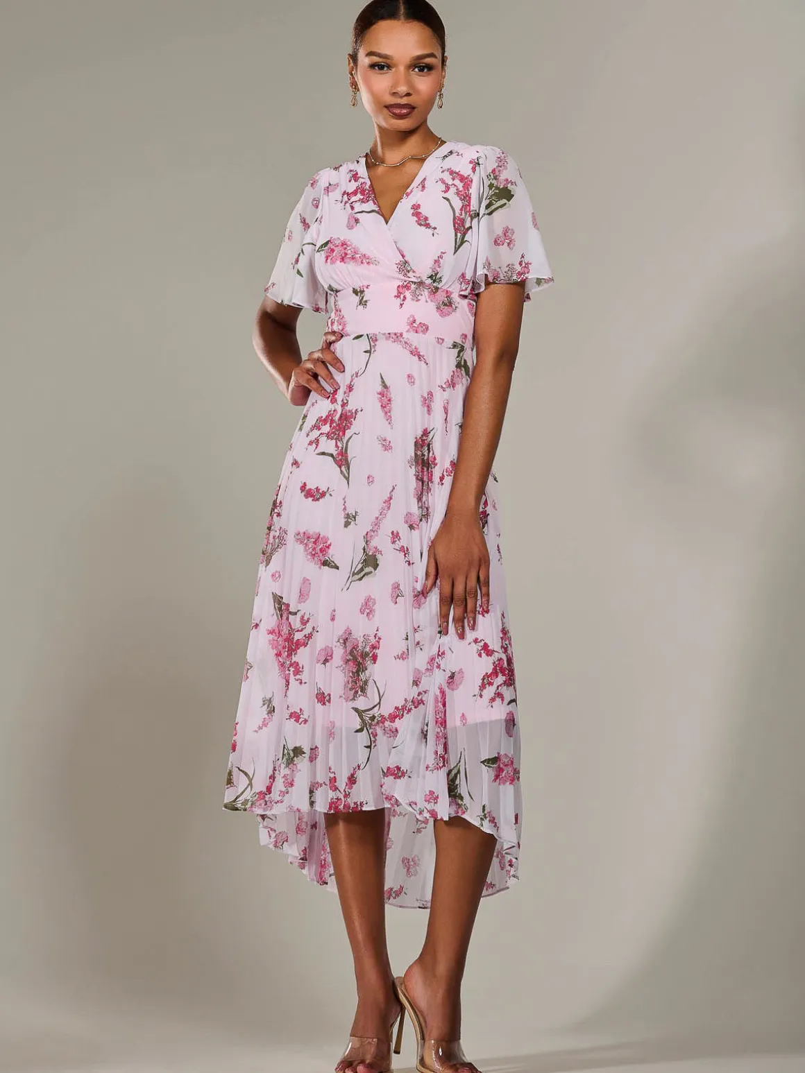 Angel Sleeve Pleated Chiffon Maxi Dress, Pink Floral
