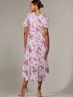 Angel Sleeve Pleated Chiffon Maxi Dress, Pink Floral