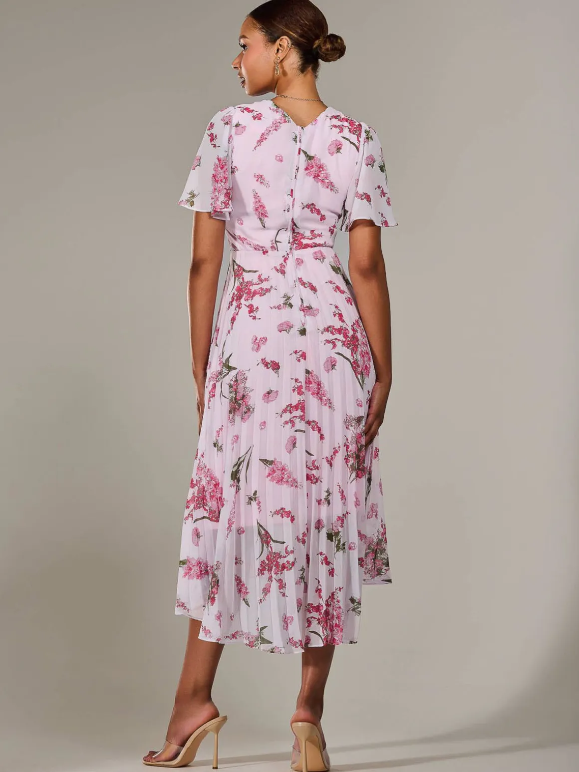 Angel Sleeve Pleated Chiffon Maxi Dress, Pink Floral