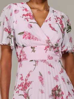 Angel Sleeve Pleated Chiffon Maxi Dress, Pink Floral