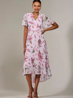 Angel Sleeve Pleated Chiffon Maxi Dress, Pink Floral