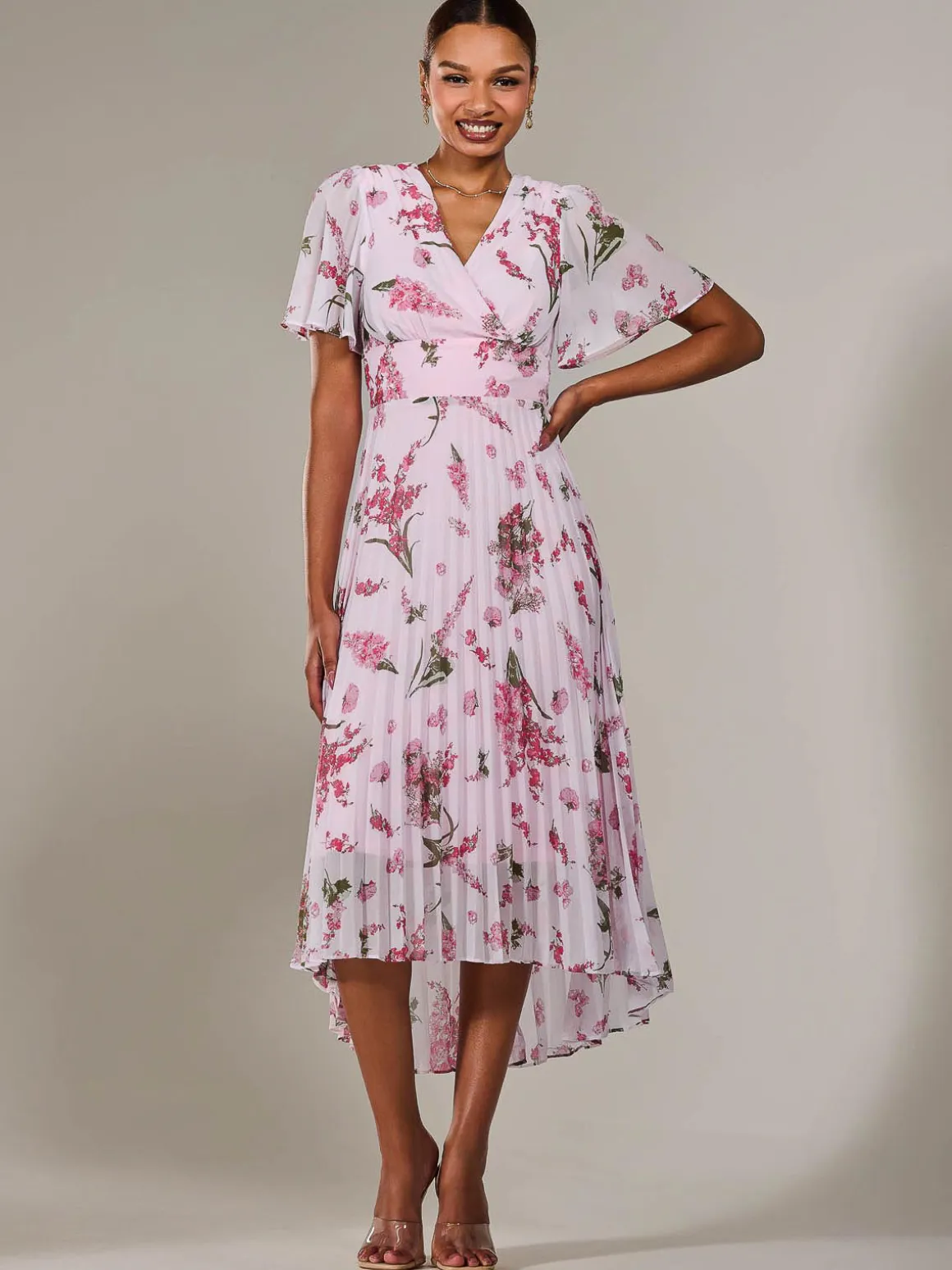 Angel Sleeve Pleated Chiffon Maxi Dress, Pink Floral