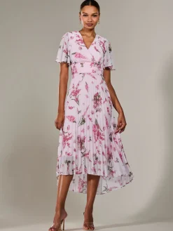 Angel Sleeve Pleated Chiffon Maxi Dress, Pink Floral