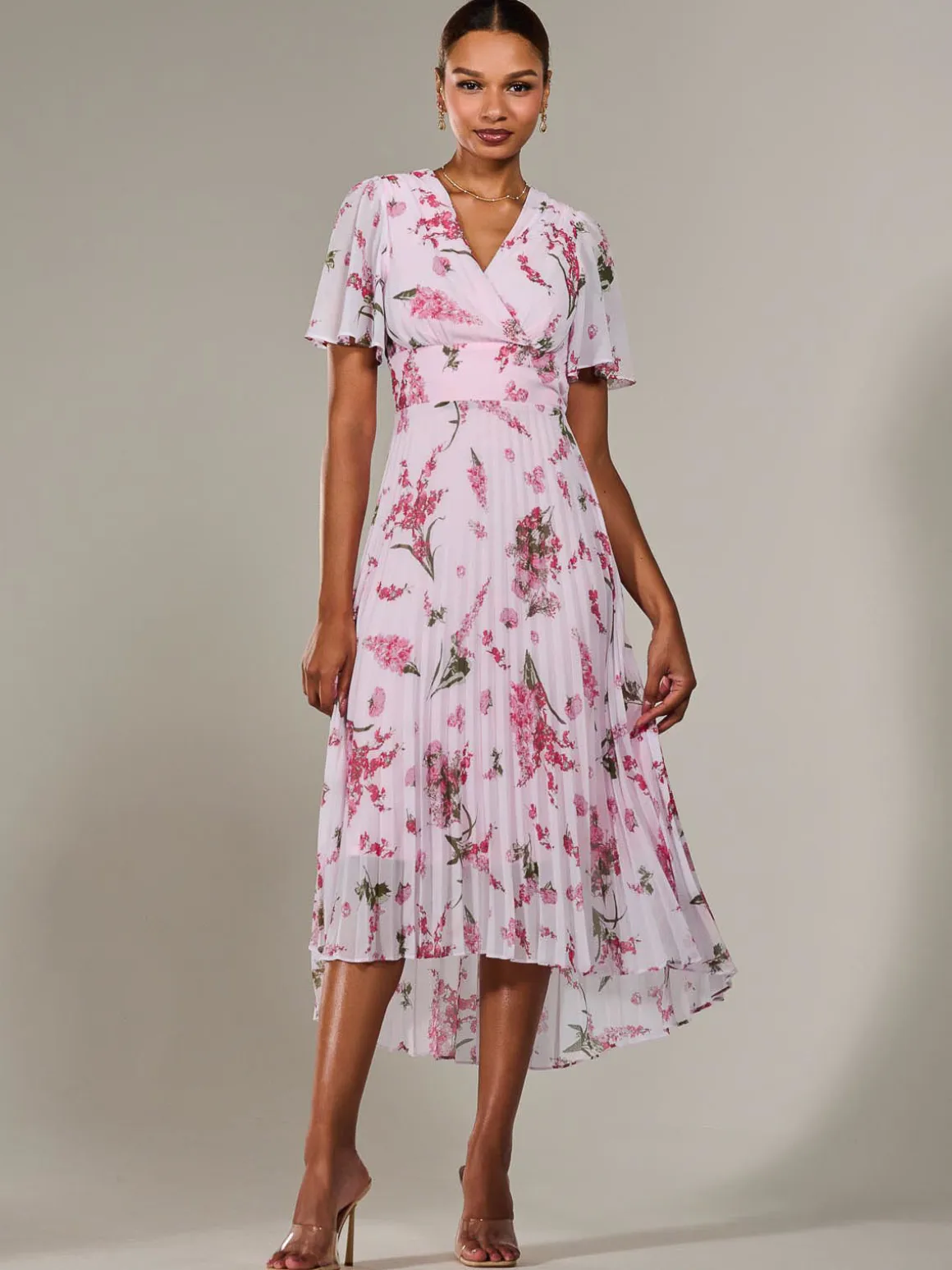 Angel Sleeve Pleated Chiffon Maxi Dress, Pink Floral