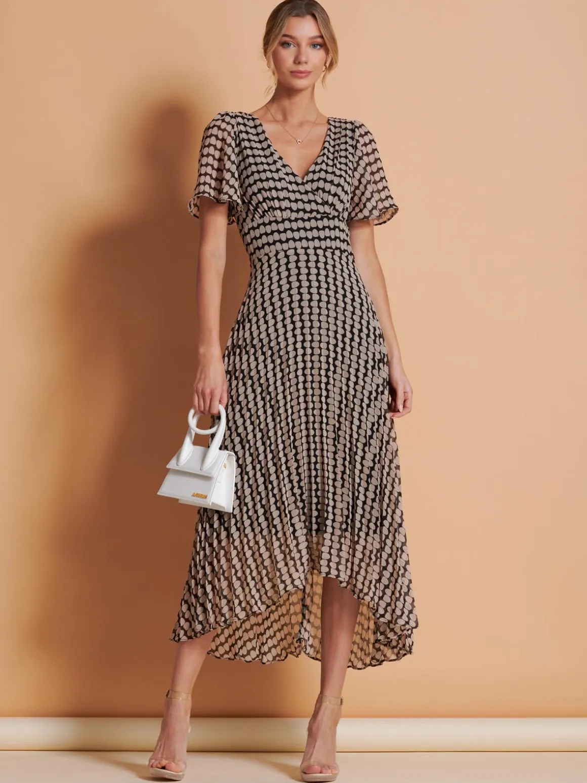 Angel Sleeve Pleated Chiffon Maxi Dress, Stone/Black