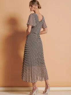 Angel Sleeve Pleated Chiffon Maxi Dress, Stone/Black