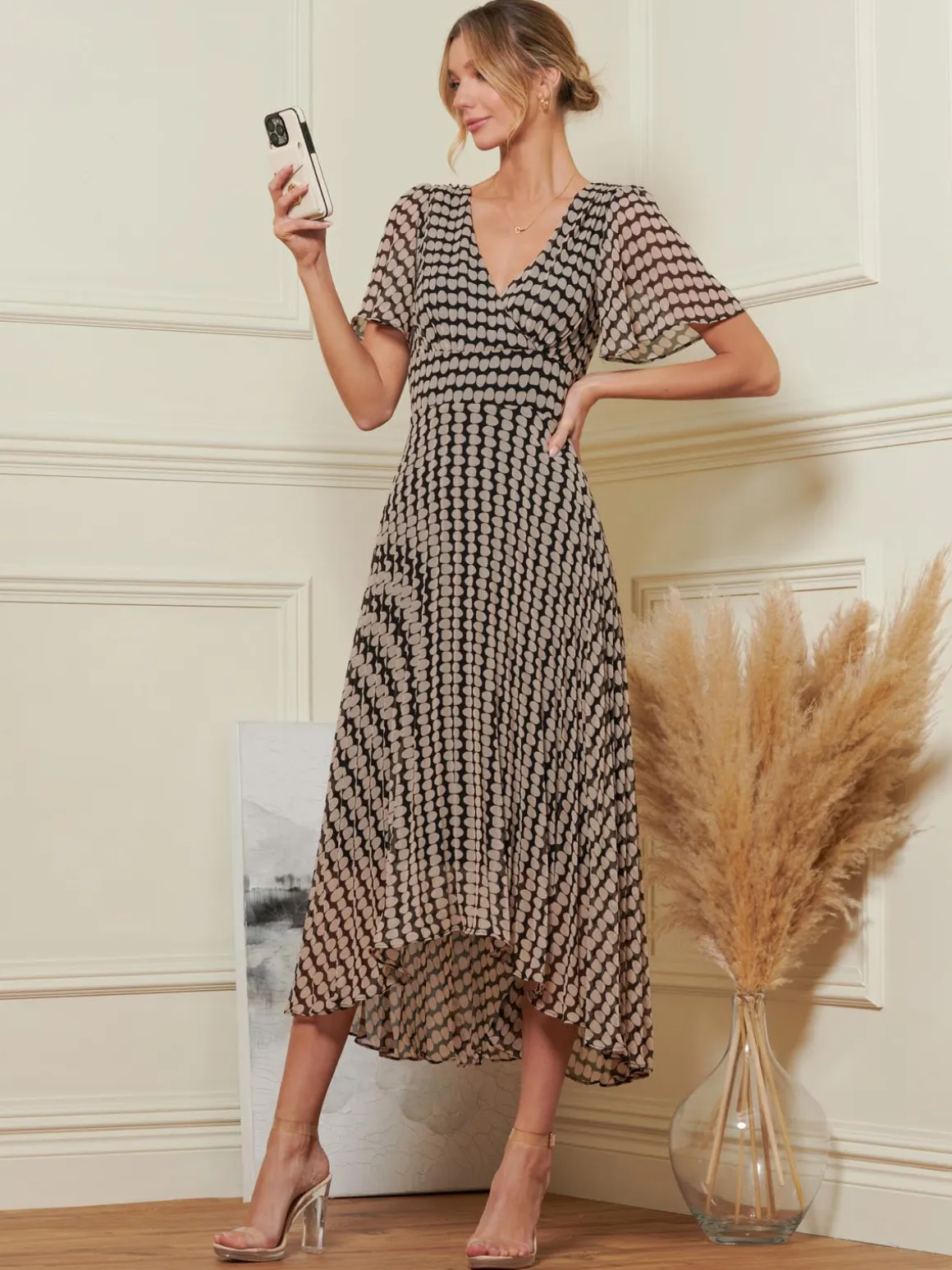 Angel Sleeve Pleated Chiffon Maxi Dress, Stone/Black