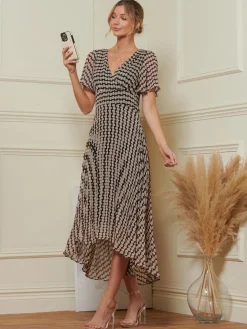 Angel Sleeve Pleated Chiffon Maxi Dress, Stone/Black