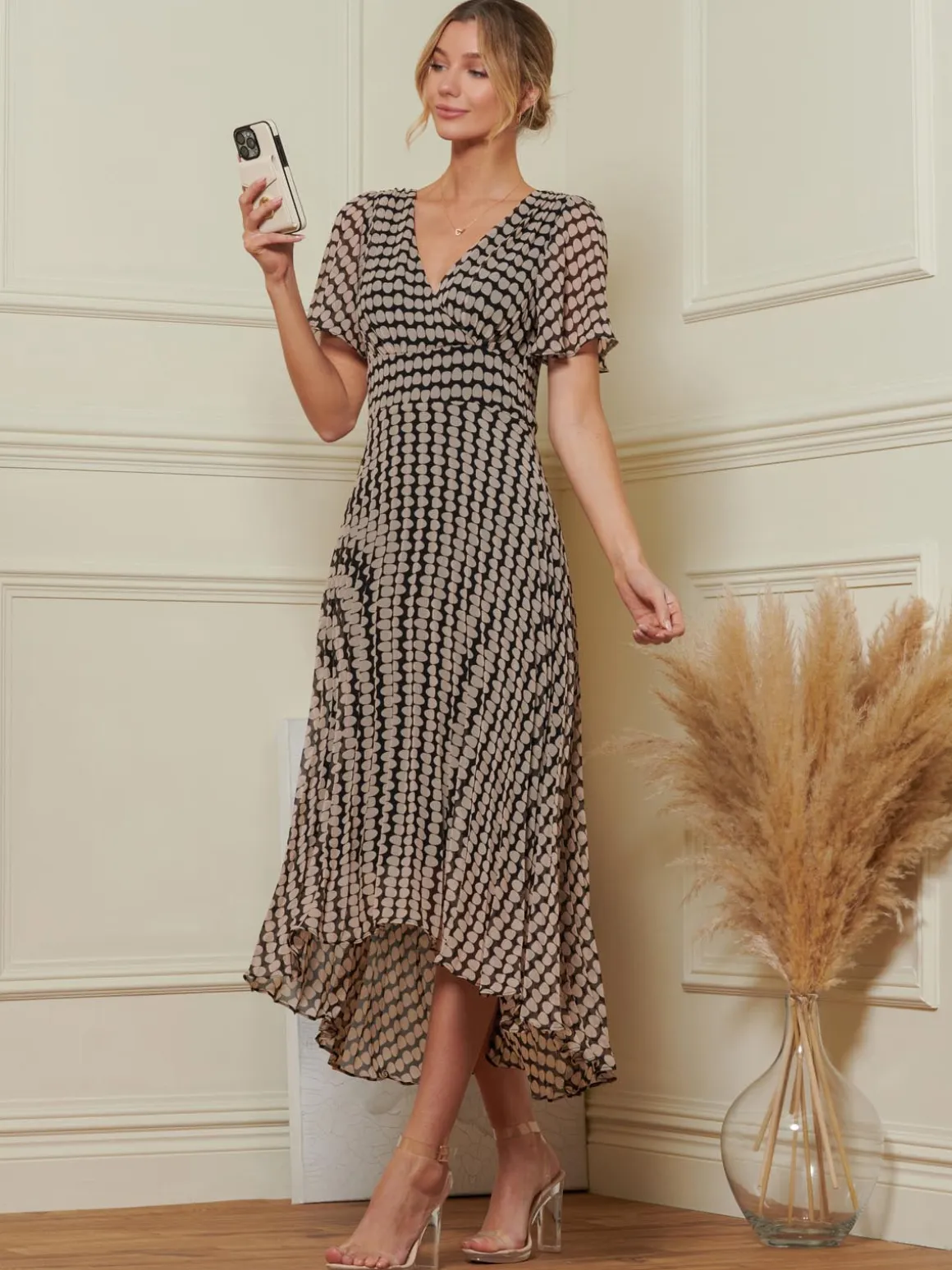 Angel Sleeve Pleated Chiffon Maxi Dress, Stone/Black