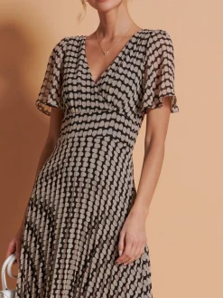 Angel Sleeve Pleated Chiffon Maxi Dress, Stone/Black