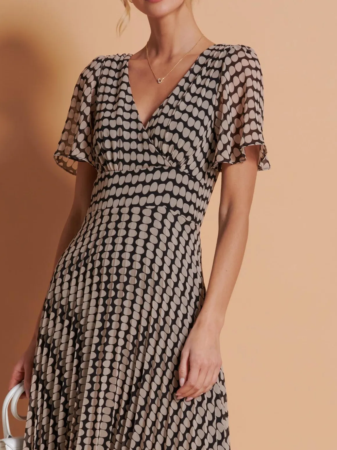 Angel Sleeve Pleated Chiffon Maxi Dress, Stone/Black