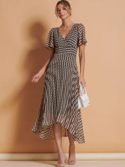 Angel Sleeve Pleated Chiffon Maxi Dress, Stone/Black