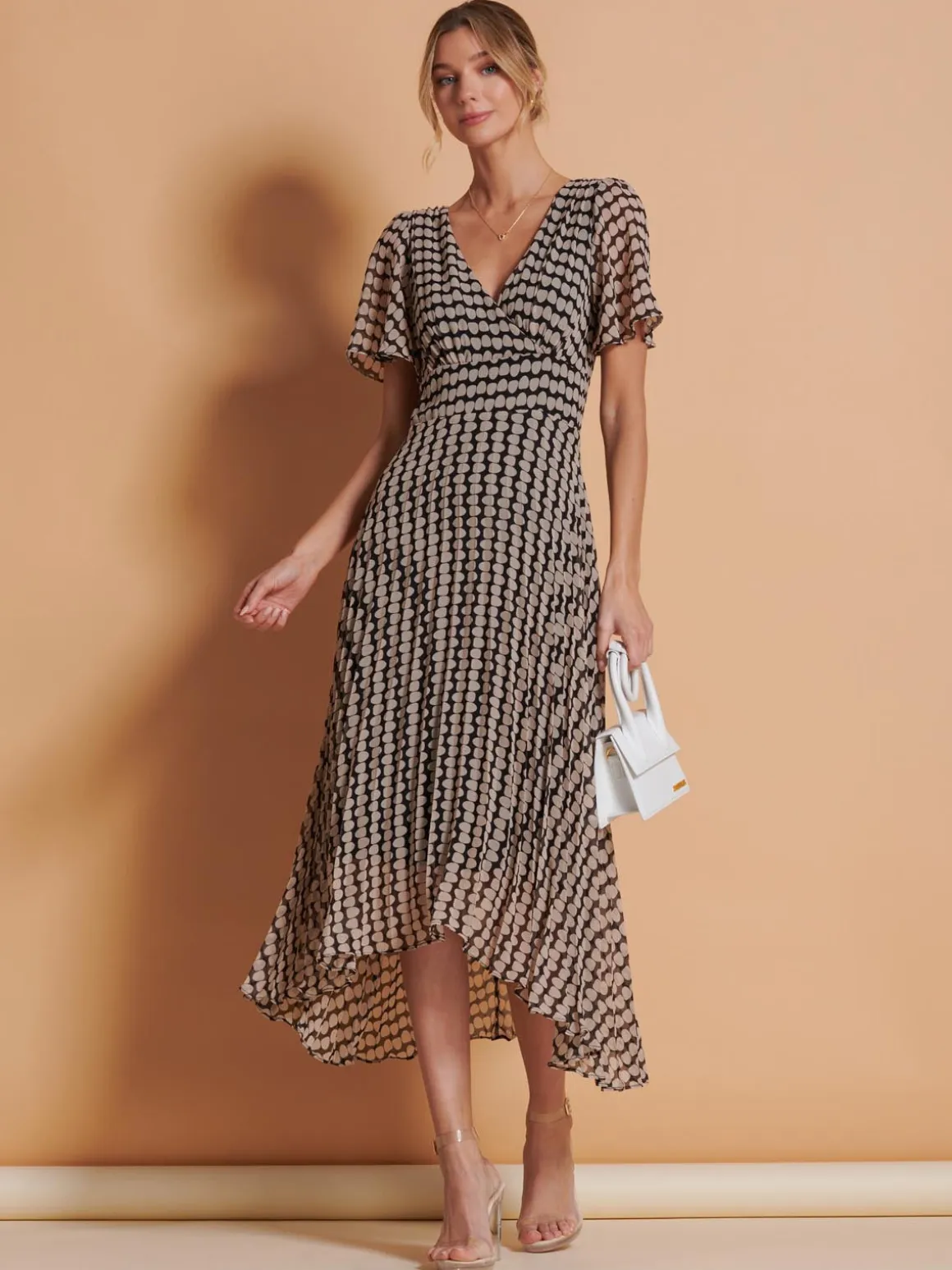 Angel Sleeve Pleated Chiffon Maxi Dress, Stone/Black