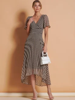 Angel Sleeve Pleated Chiffon Maxi Dress, Stone/Black