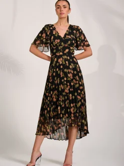 Angel Sleeve Pleated Chiffon Midaxi Dress, Black Floral