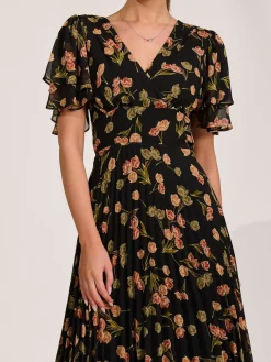 Angel Sleeve Pleated Chiffon Midaxi Dress, Black Floral