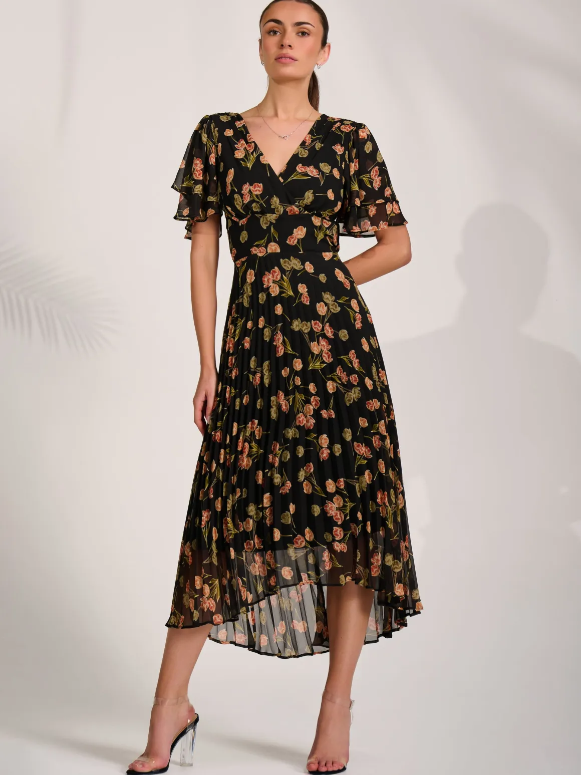 Angel Sleeve Pleated Chiffon Midaxi Dress, Black Floral