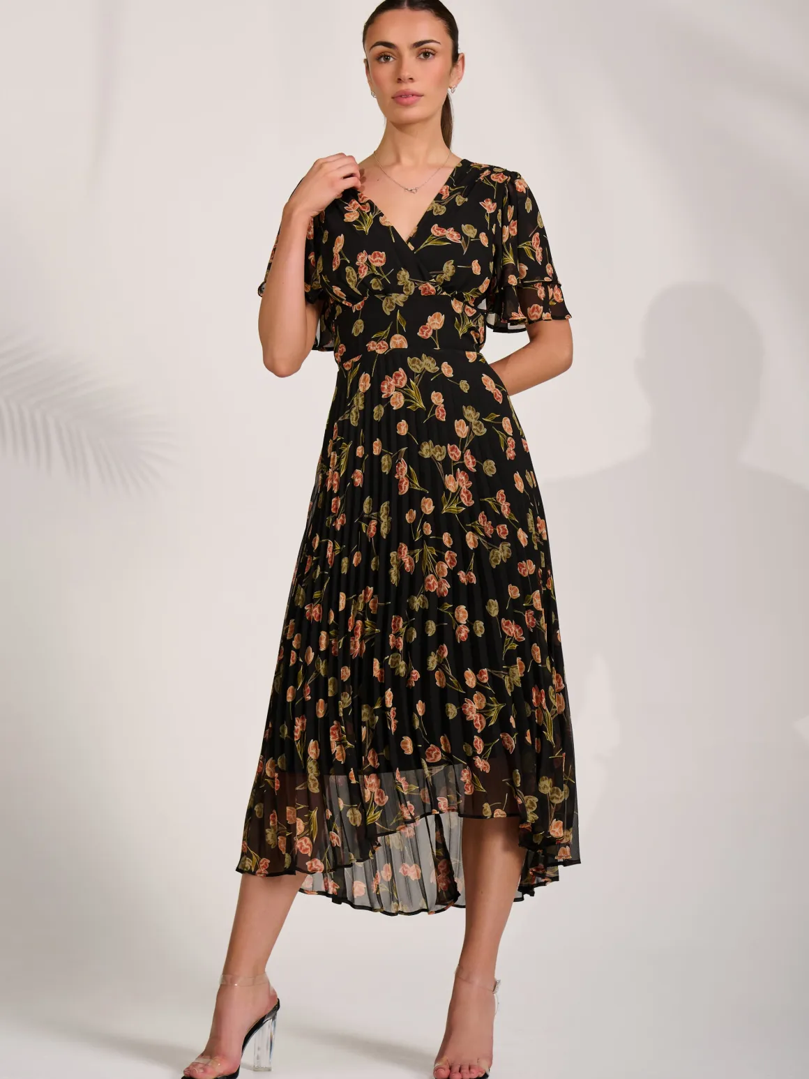 Angel Sleeve Pleated Chiffon Midaxi Dress, Black Floral