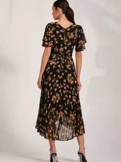 Angel Sleeve Pleated Chiffon Midaxi Dress, Black Floral