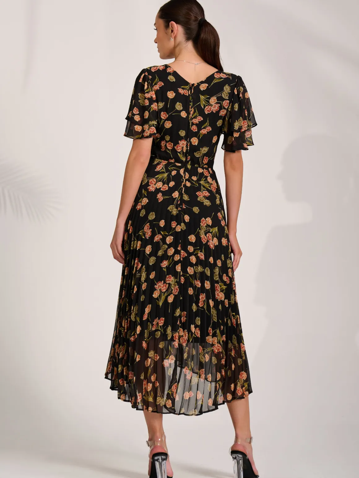 Angel Sleeve Pleated Chiffon Midaxi Dress, Black Floral