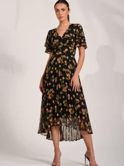 Angel Sleeve Pleated Chiffon Midaxi Dress, Black Floral