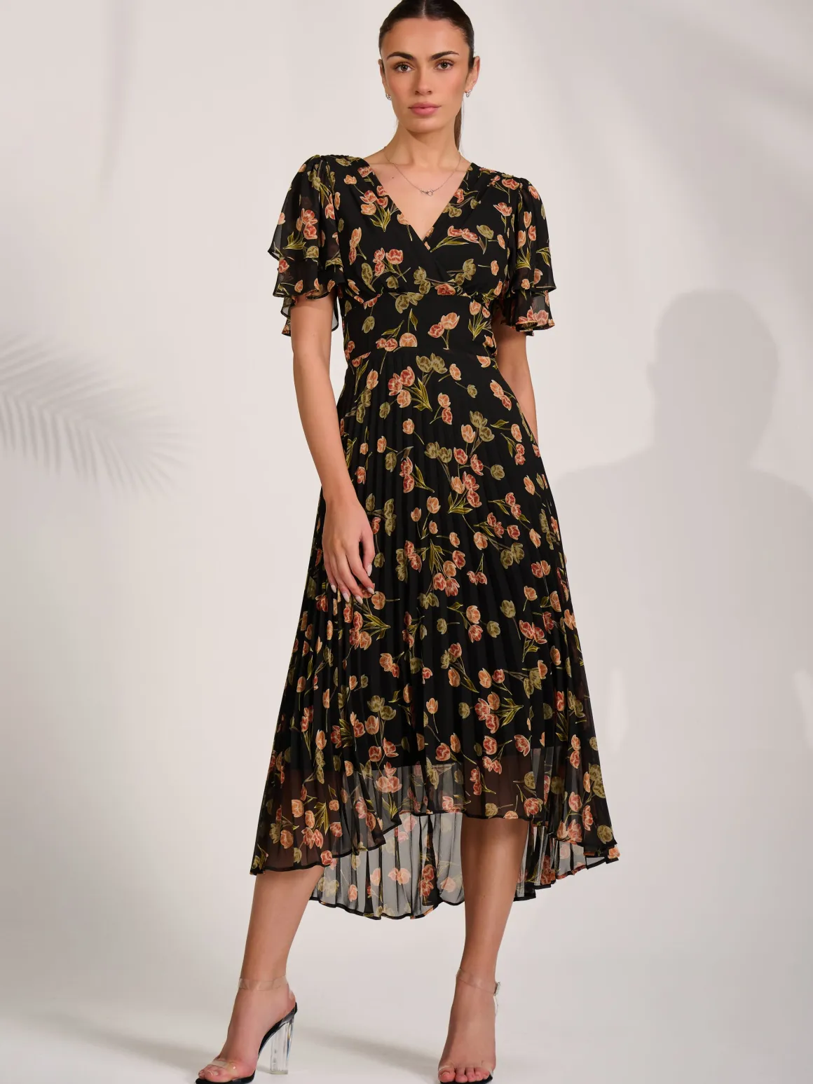 Angel Sleeve Pleated Chiffon Midaxi Dress, Black Floral