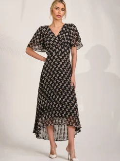 Angel Sleeve Pleated Chiffon Midaxi Dress, Black Geo