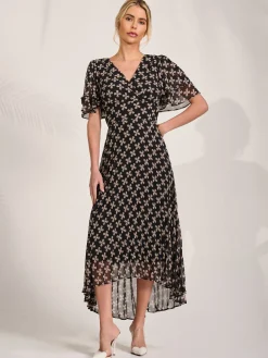 Angel Sleeve Pleated Chiffon Midaxi Dress, Black Geo
