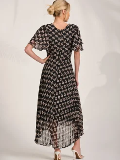 Angel Sleeve Pleated Chiffon Midaxi Dress, Black Geo