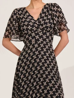 Angel Sleeve Pleated Chiffon Midaxi Dress, Black Geo