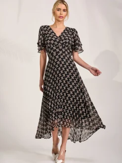 Angel Sleeve Pleated Chiffon Midaxi Dress, Black Geo