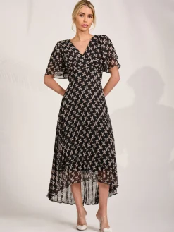 Angel Sleeve Pleated Chiffon Midaxi Dress, Black Geo