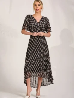 Angel Sleeve Pleated Chiffon Midaxi Dress, Black Geo