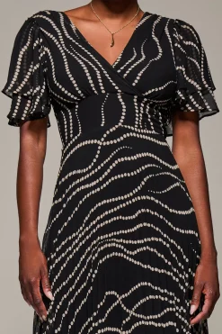 Angel Sleeve Pleated Chiffon Midaxi Dress, Black Spot