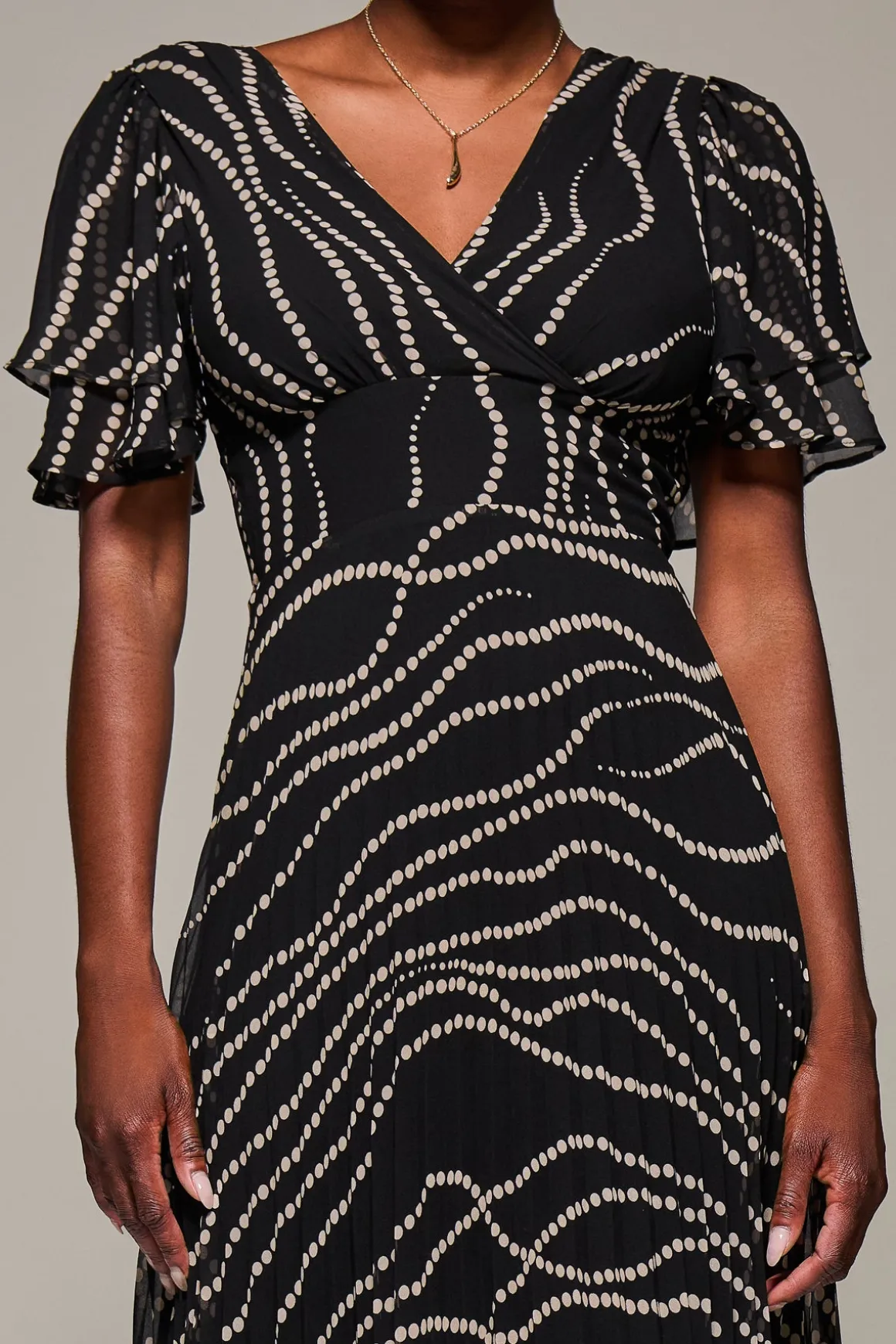 Angel Sleeve Pleated Chiffon Midaxi Dress, Black Spot