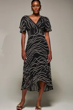 Angel Sleeve Pleated Chiffon Midaxi Dress, Black Spot