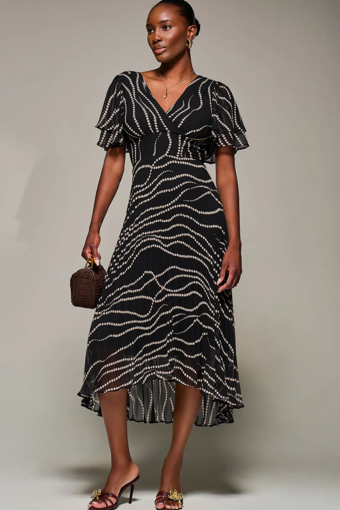 Angel Sleeve Pleated Chiffon Midaxi Dress, Black Spot