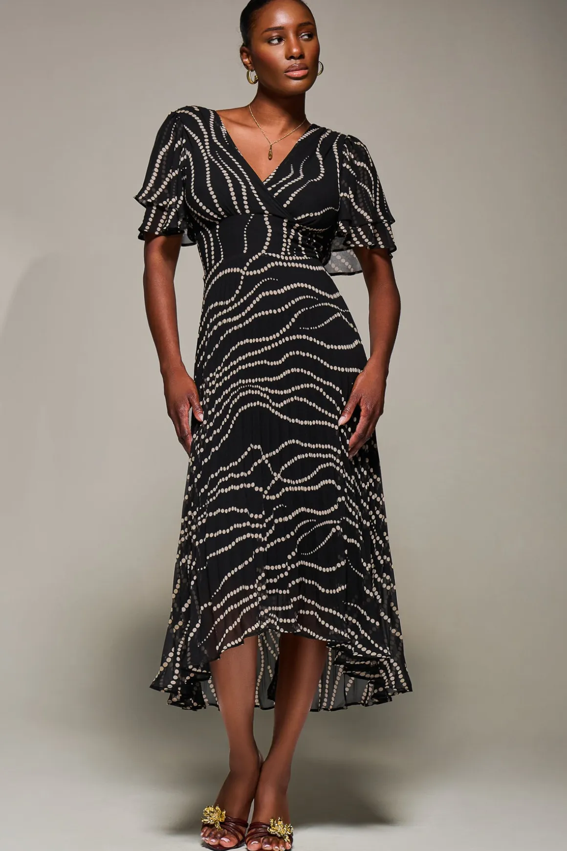 Angel Sleeve Pleated Chiffon Midaxi Dress, Black Spot