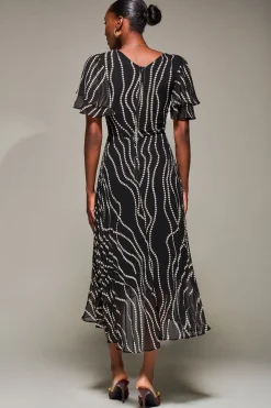 Angel Sleeve Pleated Chiffon Midaxi Dress, Black Spot