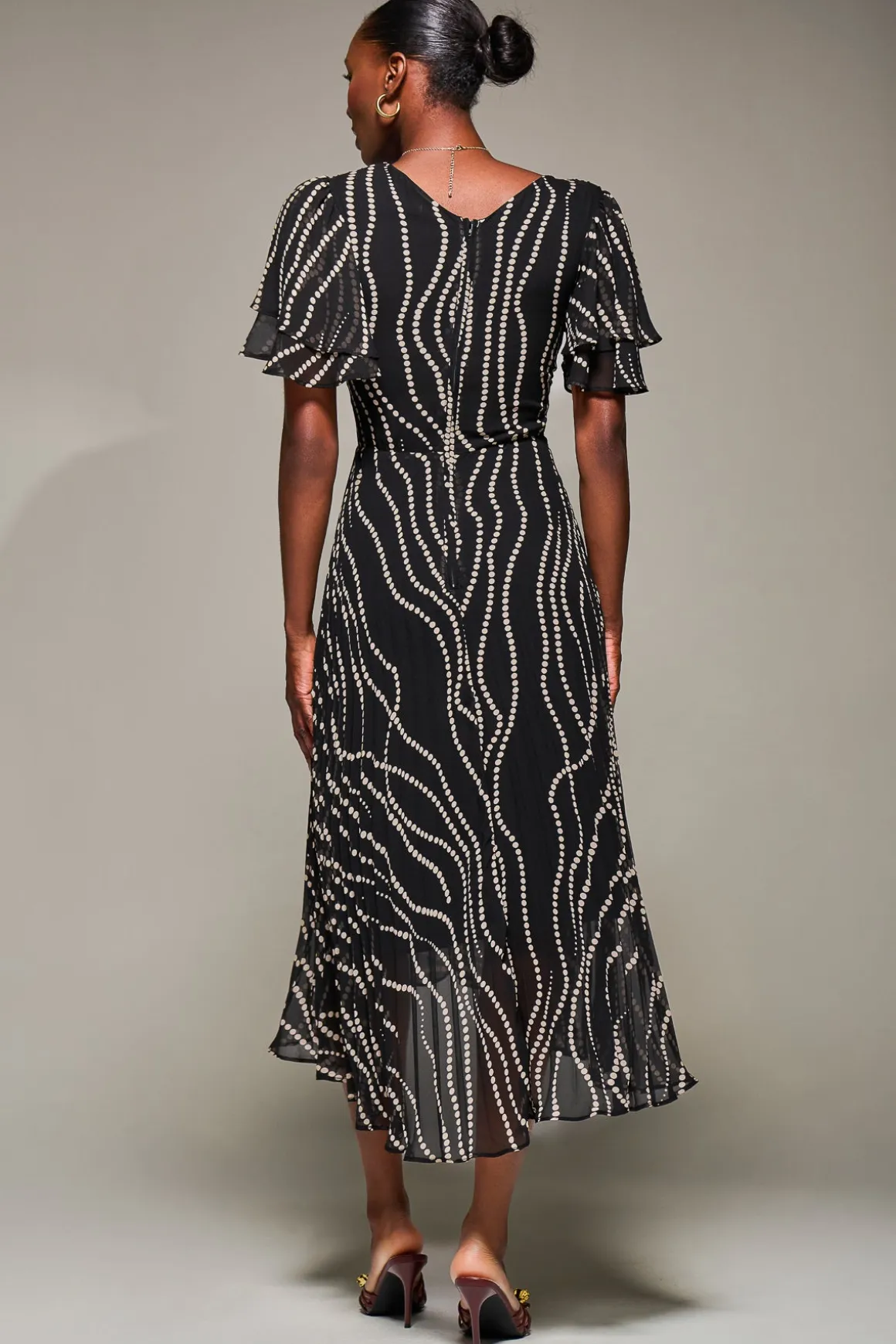 Angel Sleeve Pleated Chiffon Midaxi Dress, Black Spot