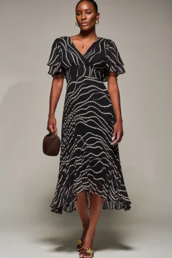 Angel Sleeve Pleated Chiffon Midaxi Dress, Black Spot
