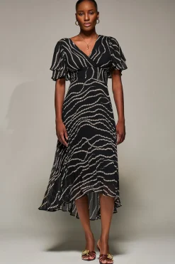 Angel Sleeve Pleated Chiffon Midaxi Dress, Black Spot